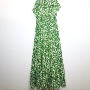 Wendy Katlen Green Cream Tribal Print Sleeveless Ruffle Maxi Dress